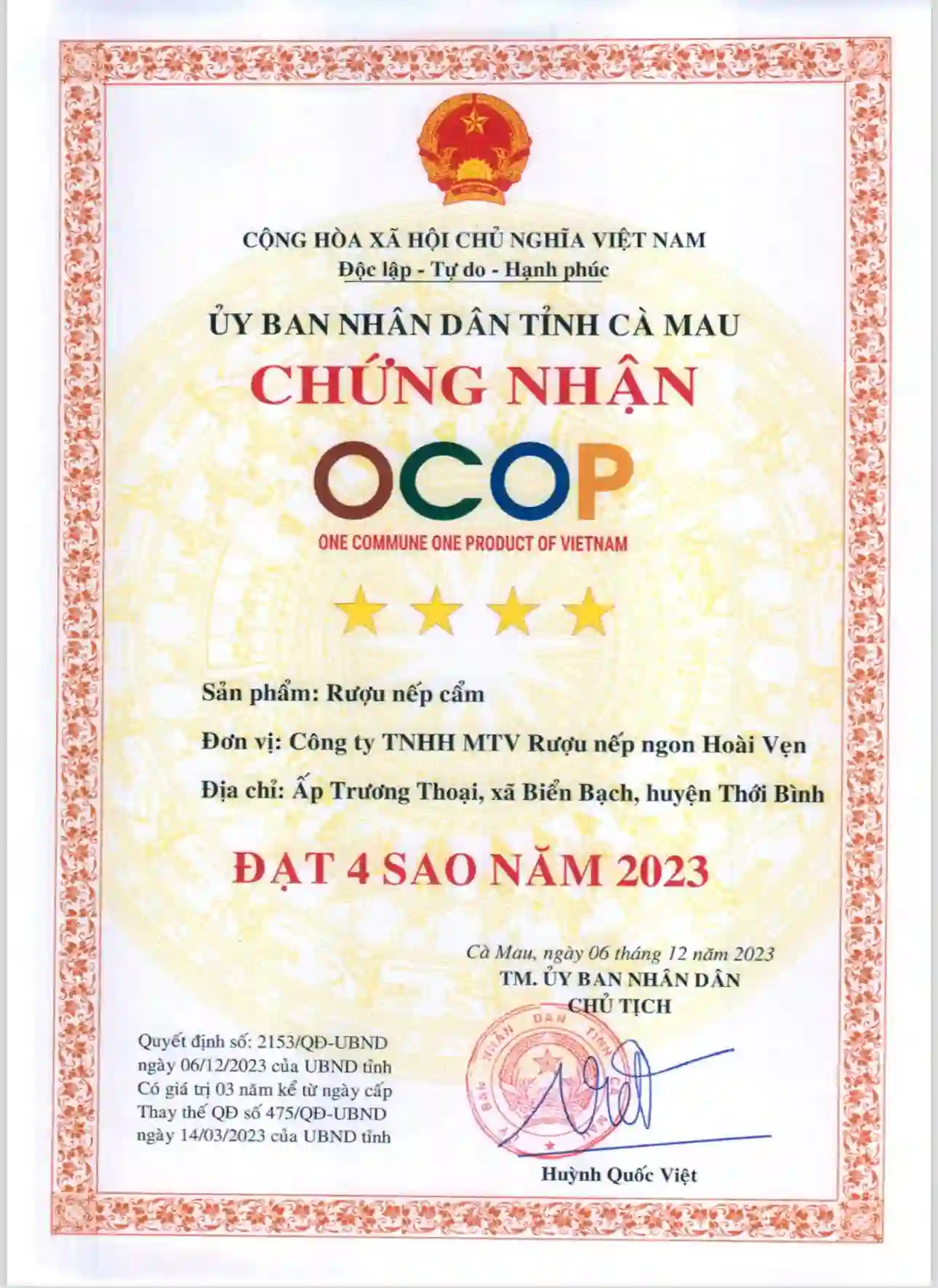 Tự Hào Đạt Chứng Nhận OCOP 4 Sao Năm 2023